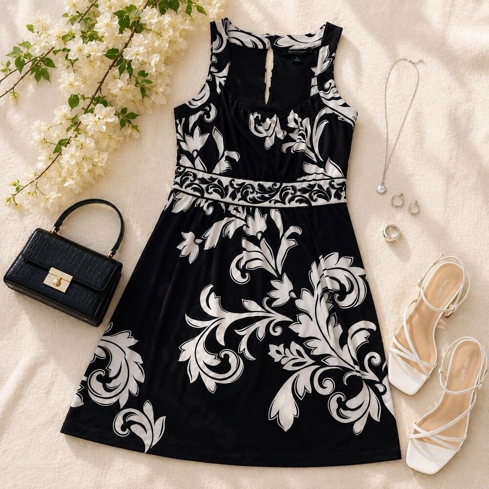 WHBM Black White Fit Flare Dress Floral Scroll Print Keyhole Back Church Dress S